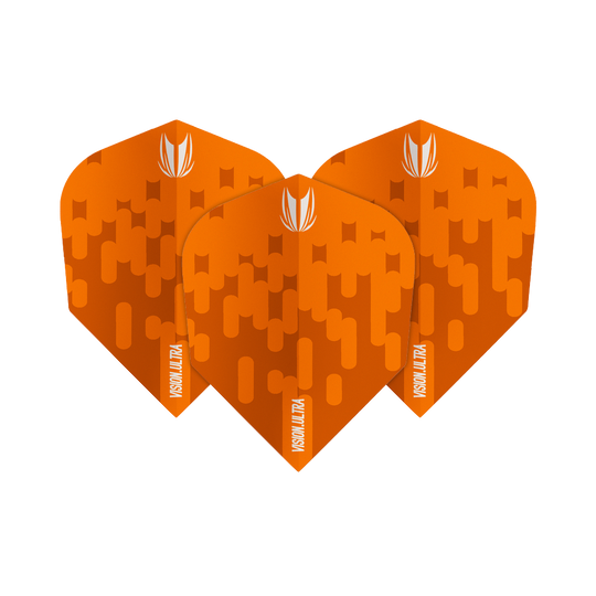 Das Bild zeigt drei orangefarbene Dartflights mit dem Namen "Target Vision Ultra Orange Ten-X Flights". Sie haben ein abstraktes Muster und ein weißes Logo oben.