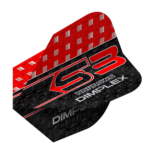 Das Bild zeigt ein Harrows Dimplex S3 Flight in den Farben Rot und Schwarz. Auf dem Flight steht der Schriftzug "S3 Harrows Dimplex" in auffälligen Buchstaben.