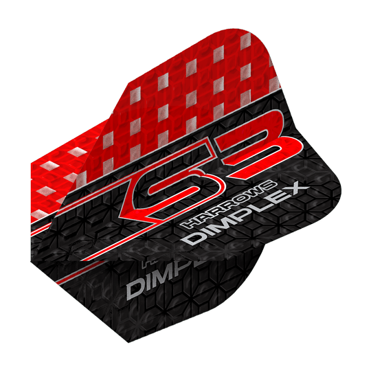 Harrows Dimplex S3 Flights - Red Das Bild zeigt ein Harrows Dimplex S3 Flight in den Farben Rot und Schwarz. Auf dem Flight steht der Schriftzug "S3 Harrows Dimplex" in auffälligen Buchstaben.