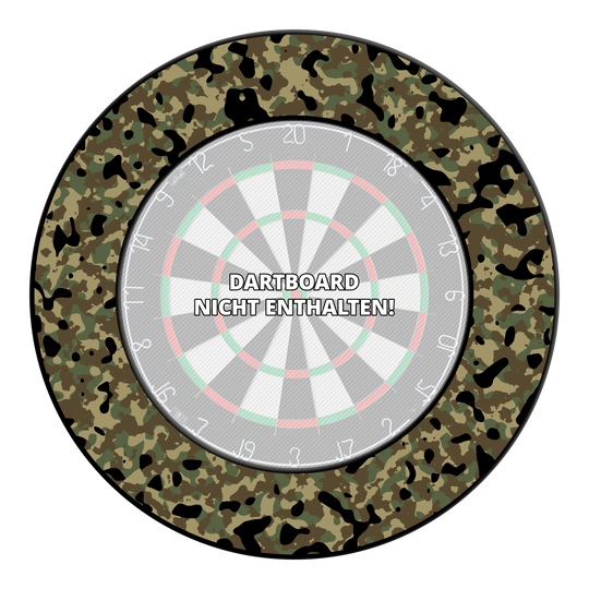 Gezeigt wird das Produkt 'DBS-CAMO1_McDart_Camo_Dartboard_Surround_Woodland_1'. Es dürfte sich um eine Dartboard-Umrandung im Camouflage-Design handeln.