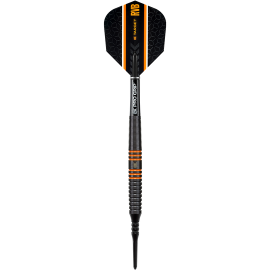 100153-Target-RVB-80-Black-Tungsten-Softdarts-1dRkm1vdt0rlbr Das Bild zeigt einen Target RVB 80% Black Tungsten Softdart. Der Dart ist überwiegend schwarz mit orangefarbenen Akzenten und trägt die Aufschrift "RVB" sowie "PRO GRIP".