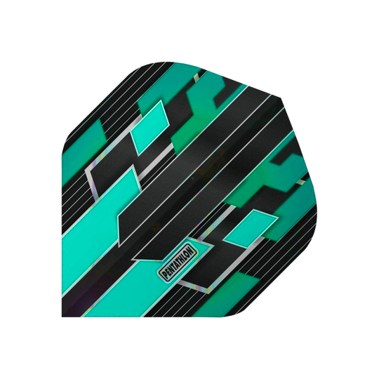 P40_Pentathlon_Gilded_Standard_Flights_T-rkis_1 Das Bild zeigt ein Dartflight mit einem modernen Design in Türkis, Schwarz und Silber. In der Mitte befindet sich das Logo "Pentathlon".