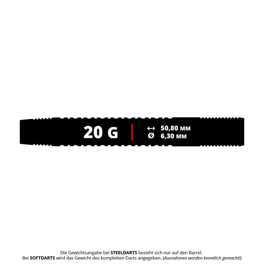 Red Dragon T-800 soft darts - 20g Das Bild zeigt die Produktbeschreibung der Red Dragon T-800 Softdarts mit einem Gewicht von 20 Gramm. Die Länge beträgt 50,80 mm und der Durchmesser 6,30 mm.