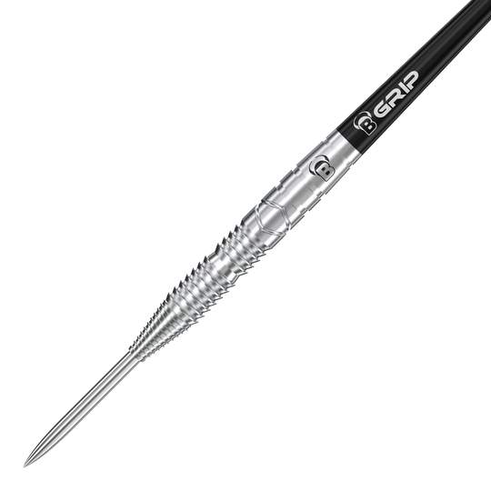 Bulls Tac T3 Steeldarts Das Bild zeigt einen Bulls Tac T3 Steeldart. Der Dart hat eine silberne, geriffelte Spitze und einen schwarzen Schaft mit der Aufschrift "B GRIP".