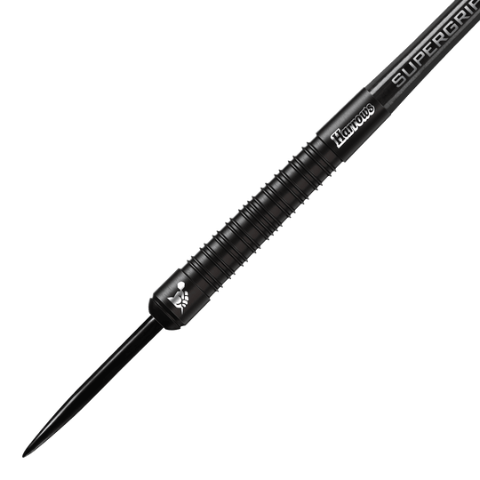 Harrows Supergrip Black Edition steel darts Das Bild zeigt einen schwarzen Steeldart der Marke Harrows aus der Supergrip Black-Edition. Der Dart hat ein geriffeltes Griffstück und ein elegantes, komplett schwarzes Design.