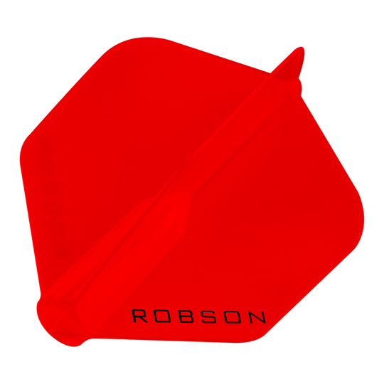 Das Bild zeigt ein rotes Dart-Flight mit der Aufschrift "ROBSON". Die Form ist sechseckig und das Flight ist vollständig in Rot gehalten.
