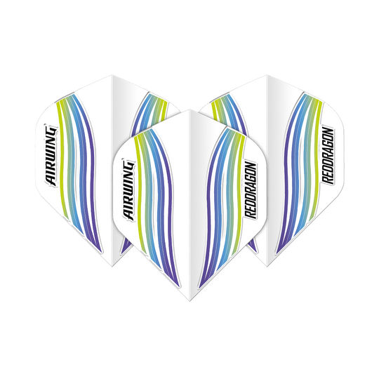 Das Bild zeigt drei Dart-Flights des Produkts "Red Dragon Airwing Blue Wave Standard Flights". Die Flights sind weiß mit blauen, grünen und gelben Wellenlinien und tragen die Aufschrift "AIRWING" und "RED DRAGON".