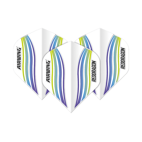 Red Dragon Airwing Blue Wave Standard Flights Das Bild zeigt drei Dart-Flights des Produkts "Red Dragon Airwing Blue Wave Standard Flights". Die Flights sind weiß mit blauen, grünen und gelben Wellenlinien und tragen die Aufschrift "AIRWING" und "RED DRAGON".
