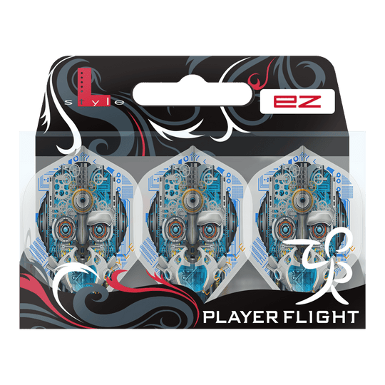 L-Style Berry Van Peer V3 Clear White L1EZ Flights Das Bild zeigt eine Verpackung mit drei weißen Dart-Flights namens "L-Style Berry Van Peer V3 Clear White L1EZ". Die Flights haben ein futuristisches Design mit einem Roboter-Gesicht auf jedem Flight.