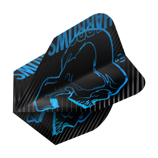 Harrows Rage Aqua No. 6 Flights Das Bild zeigt ein Dart-Flight des Modells "Harrows Rage Aqua No6". Das Flight ist schwarz mit einem blauen Motiv und Schriftzug gestaltet.