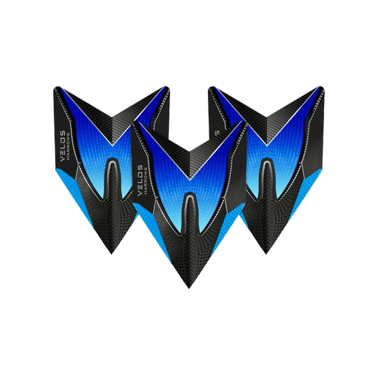 HR1012_Harrows_Blue_2020_Velos_Flights_1ngw56xqiZA3ZG Das Bild zeigt drei blaue Harrows Velos Flights für Dartpfeile. Das Design ist modern und besteht aus Blau-, Schwarz- und Grautönen.