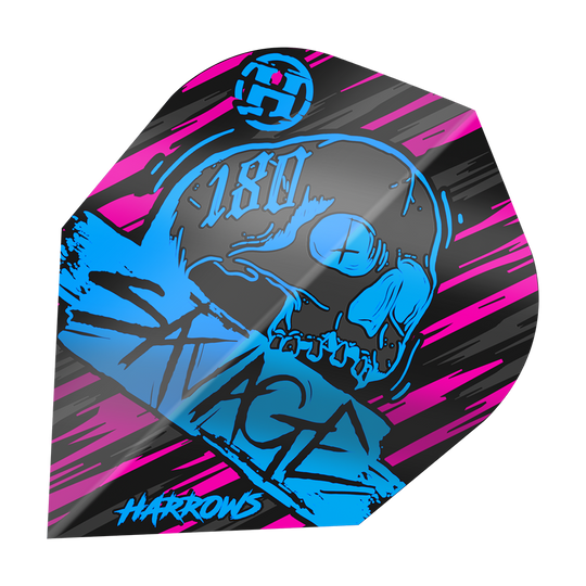 Das Bild zeigt das Produkt "Harrows Savage Aqua Pink No6 Flights" mit einem auffälligen Design in Blau, Pink und Schwarz. In der Mitte ist ein Totenkopf und der Schriftzug "Savage" zu sehen.