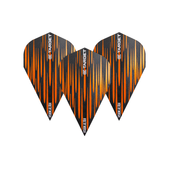 Das Bild zeigt drei Dart-Flights des Produkts „Target Vision Ultra Spectrum Orange Vapor Flights“. Sie sind schwarz mit orangefarbenen Streifen und haben den Schriftzug „TARGET“ sowie „VISION ULTRA“ aufgedruckt.