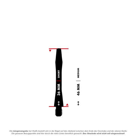 C630_Red_Dragon_DRX_Coated_Aluminium_Shafts_5_36mm Das Bild zeigt die Red Dragon DRX beschichteten Aluminium-Schäfte in zwei Längen. Die kurze Version ist 36 mm lang und die mittlere Version 46 mm.