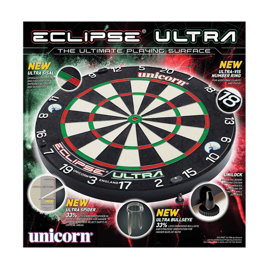 Unicorn Eclipse Ultra steel dartboard Das Bild zeigt das Produkt "Unicorn Eclipse Ultra Steeldartboard" in seiner Verpackung. Es hebt neue Features wie Ultra Sisal, Ultra Spider und Ultra Bullseye hervor.