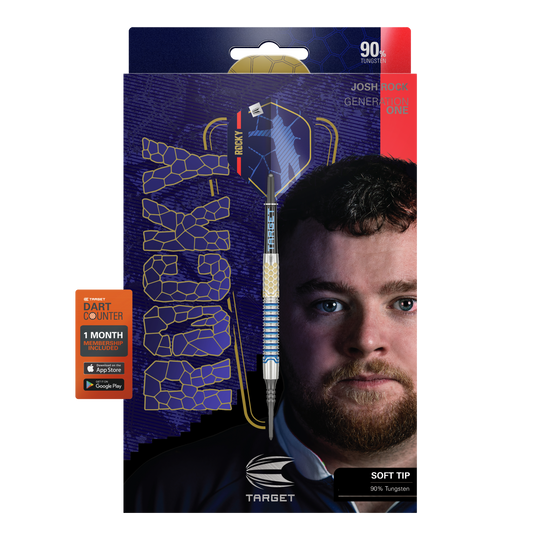 Target Josh Rock GEN1 Soft Darts - 20g Die Abbildung zeigt die Softdarts "Target Josh Rock GEN1" mit einem Gewicht von 20g. Auf der Verpackung ist ein Porträt eines Mannes sowie die Angabe "90% Tungsten" und "SOFT TIP" zu sehen.