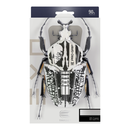 Target EXO 11 Soft Darts Auf der Verpackung der "Target EXO 11 Softdarts" ist ein Käfer abgebildet, dessen Körper mit den Dartpfeilen kombiniert wurde. Oben steht "90% Tungsten", was auf das Material der Darts hinweist.