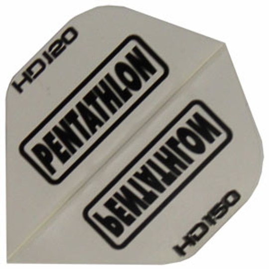 hd11 Das Bild zeigt ein weißes Dartflight mit der Aufschrift "PENTATHLON" in schwarzer Schrift. An den Seiten stehen die Bezeichnungen "HD 120" und "HD 150".