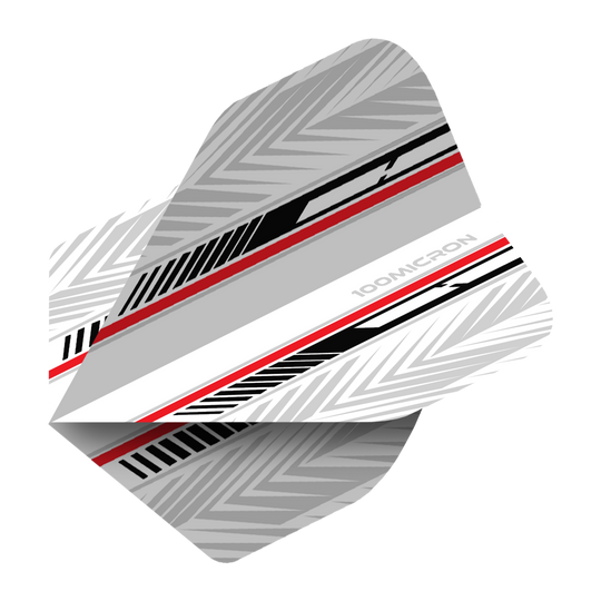 Das Bild zeigt ein Dart-Flight mit dem Namen "Pentathlon White Black Red No2 Standard Flights". Es ist überwiegend weiß und grau mit schwarzen und roten Akzenten und geometrischem Muster gestaltet.
