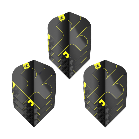 Das Bild zeigt drei Target ProUltra Bolide Void No6 Flights. Die Flights sind schwarz mit gelben Akzenten und besitzen ein modernes, geometrisches Design.