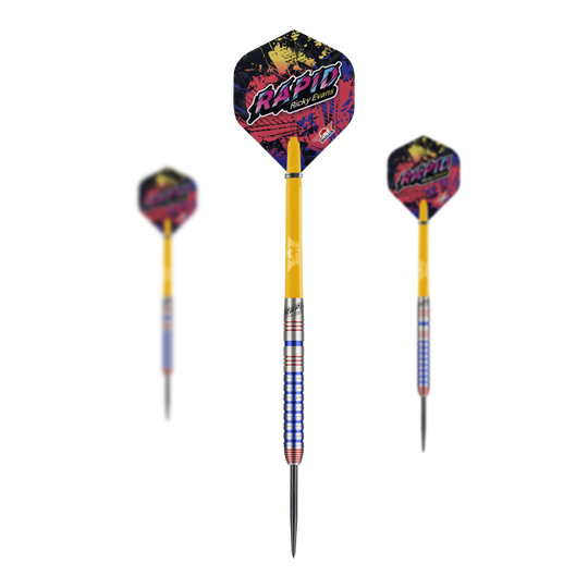 Bulls NL Ricky Evans Rapid Edition One Steel Darts Das Bild zeigt drei Steeldarts des Modells "Bulls NL Ricky Evans Rapid Edition One". Die Darts haben bunte Flights mit dem Schriftzug "Rapid" und einen auffälligen gelb-blauen Schaft.