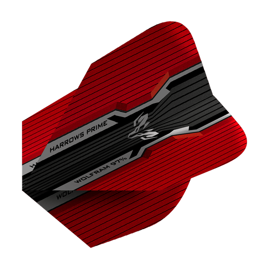 Das Bild zeigt einen Harrows Prime Wolfram Infinity No2 Standard Flight in den Farben Rot und Schwarz. Auf dem Flight sind die Aufschriften "HARROWS PRIME" und "WOLFRAM 97%" zu sehen.