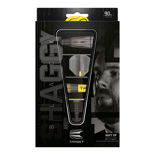 Target Scott Williams Shaggy Black Soft Darts - 20g Das Bild zeigt die Verpackung der "Target Scott Williams Shaggy Black Softdarts - 20g". Die Darts bestehen zu 90% aus Wolfram und haben eine schwarze und gelbe Optik.