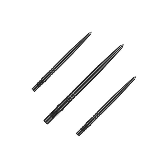 Shot Turbo Point Dart Tips - Black Mehrere schwarze Dartspitzen gleicher Bauart liegen nebeneinander. Die Spitzen sind ein Zubehör für Steeldarts.
