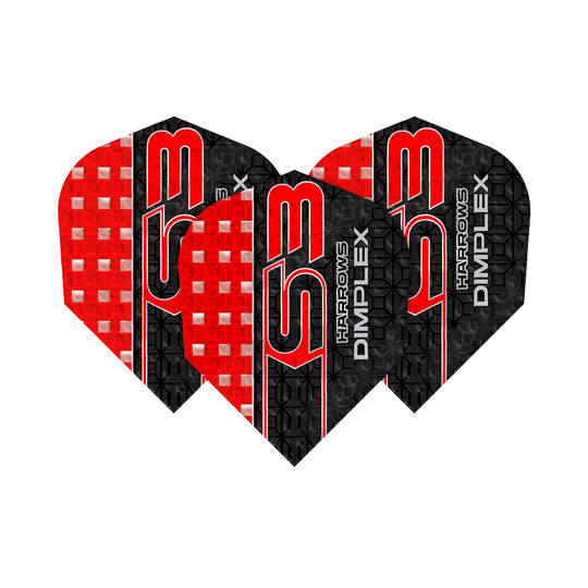 Das Bild zeigt drei Dartflights des Modells "Harrows Dimplex S3" in den Farben Rot und Schwarz. Auf den Flights stehen die Aufschriften "S3" und "Harrows Dimplex".