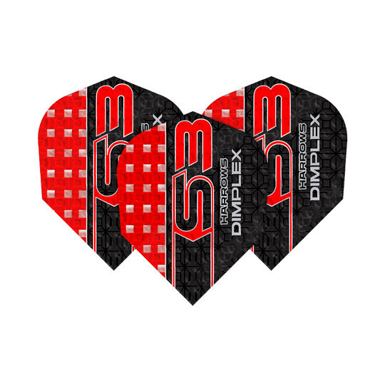 Harrows Dimplex S3 Flights - Red Das Bild zeigt drei Dartflights des Modells "Harrows Dimplex S3" in den Farben Rot und Schwarz. Auf den Flights stehen die Aufschriften "S3" und "Harrows Dimplex".