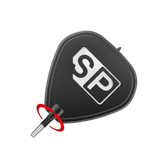 Das Bild zeigt die schwarzen Target Swiss Point SLK Dartspitzen. Im Vordergrund ist die Dartspitze mit einem schwarzen Flight zu sehen, auf dem die Buchstaben "SP" stehen.