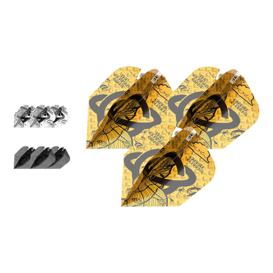 Das Bild zeigt drei Sets von Gabriel Clemens Ten-X Flights aus der Target Ink Bundle Kollektion. Die Flights sind in Gelb, Schwarz und Weiß gestaltet und liegen nebeneinander.