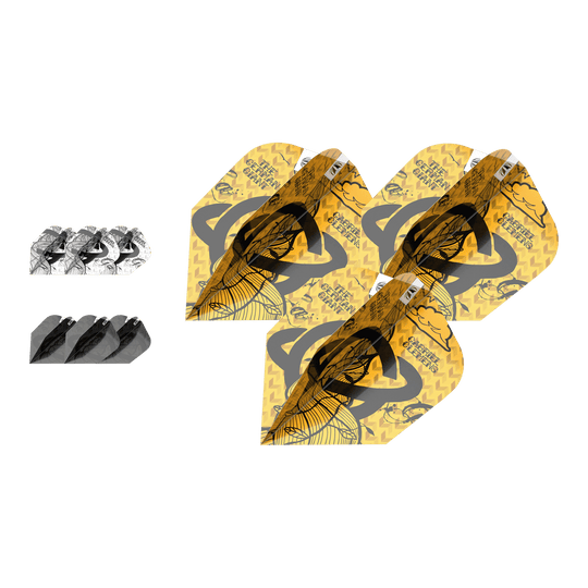 Target Ink Bundle 3 Sets Gabriel Clemens Ten-X Flights Das Bild zeigt drei Sets von Gabriel Clemens Ten-X Flights aus der Target Ink Bundle Kollektion. Die Flights sind in Gelb, Schwarz und Weiß gestaltet und liegen nebeneinander.