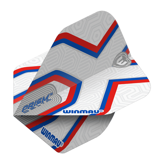 Winmau Prism Delta Epix No2 Standard Flights Das Bild zeigt die Winmau Prism Delta Epix No2 Standard Flights. Die Flights sind hauptsächlich weiß mit roten und blauen Streifen sowie dem Winmau-Logo.