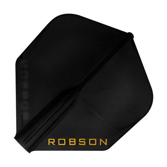 Dies ist ein schwarzes Dartflight mit der Aufschrift "ROBSON" in gelber Farbe. Das Flight hat eine Standardform und wirkt robust.
