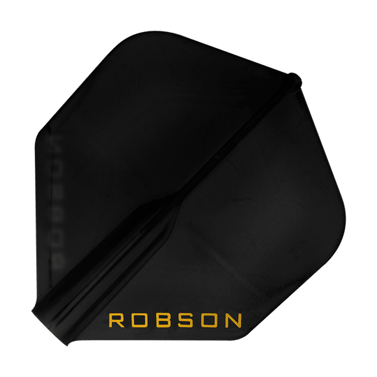 Robson Plus Flights - Standard Dies ist ein schwarzes Dartflight mit der Aufschrift "ROBSON" in gelber Farbe. Das Flight hat eine Standardform und wirkt robust.