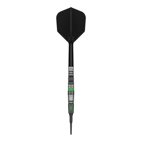 Dieses Bild zeigt einen Softdart mit dem Namen "Target Japan Black Marque Lightning 3" mit einem Gewicht von 19g. Der Dart ist überwiegend schwarz mit silbernen und grünen Akzenten gestaltet.