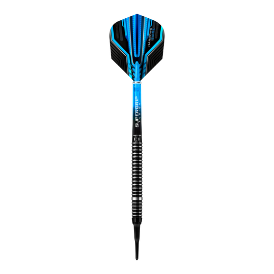 Dies ist ein Harrows Siege Softdart mit einem modernen, blauen Design. Der Dart hat einen schwarzen gerillten Griff und eine auffällige Flight.