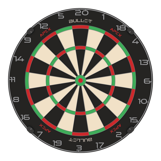 Bullet Apex steel dartboard Abgebildet ist das Bullet Apex Steeldartboard. Das Produkt wird deutlich dargestellt.