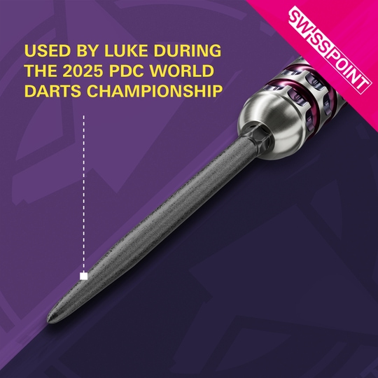 Target Swiss Point SLK dart tips - Black Das Bild zeigt die Target Swiss Point SLK Dartspitzen in Schwarz. Sie wurden von Luke während der PDC Darts-Weltmeisterschaft 2025 verwendet.