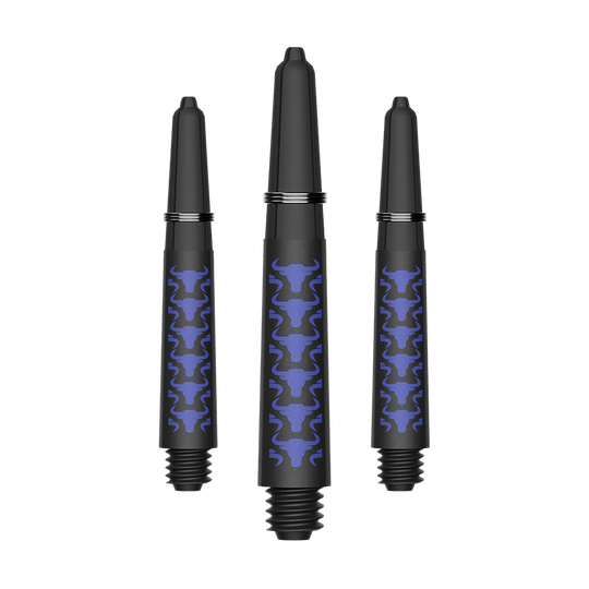 Zu sehen sind BullsNL Capo Carbon Shafts in Blau, Größe Short 34mm. Das Produkt ist ein Set aus Kohlefaser-Dartschäften.