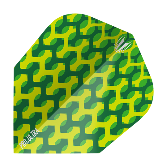 Das Bild zeigt das Produkt "Target ProUltra Fabric Green Ten-X Flights". Die Flight-Kappe hat ein grünes und gelbes Muster mit geometrischem Design.