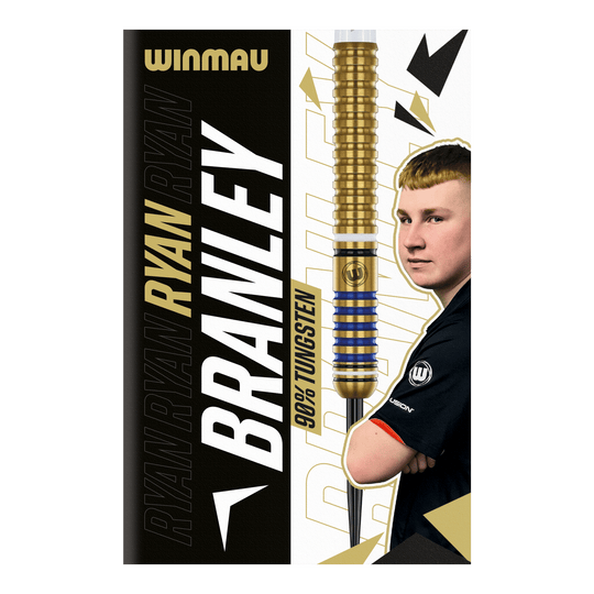Winmau Ryan Branley Steel Darts - 23g Die Abbildung zeigt die Verpackung der "Winmau Ryan Branley Steeldarts - 23g". Auf der Verpackung sind ein Dartpfeil, ein Foto einer Person und der Schriftzug "90% Tungsten" zu sehen.