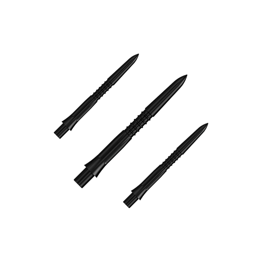 Mission Caliburn EVO Dart Tips GV1 - Black Ein Set von schwarzen Steeldartspitzen mit 26 mm Länge. Auf dem Bild sieht man mehrere Spitzen aus der Misson Caliburn EVO GV1 Reihe.