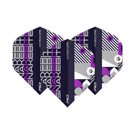 Das Bild zeigt drei Dart Flights der Marke "Red Dragon Hardcore Snakebite" in Schwarz und Lila. Das Design ist modern mit geometrischen Mustern und der Aufschrift "SNAKEBITE".