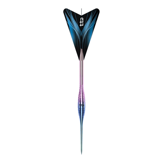 Caliburn TTD Complete Titanium T2 Rainbow Steeldarts - 6g Das Bild zeigt die Caliburn TTD Complete Titanium T2 Rainbow Steeldarts mit einem Gewicht von 6g. Die Steeldarts haben ein auffälliges, regenbogenfarbenes Design.