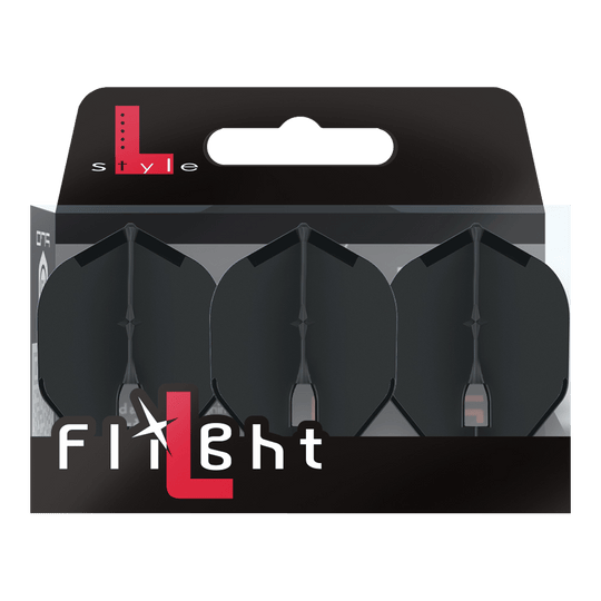 L-Style Champagne L1PRO Flights Auf dem Bild ist eine Packung mit drei schwarzen Dart-Flights der Marke L-Style zu sehen. Die Verpackung trägt die Aufschrift "Flight" und hebt das L-Style-Logo hervor.