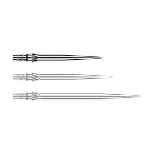 Winmau Switch Point Smooth steel dart tips - Silver Effect Das Bild zeigt eine silberne Steeldartspitze mit glattem Design. Die Länge beträgt vermutlich 26 mm.
