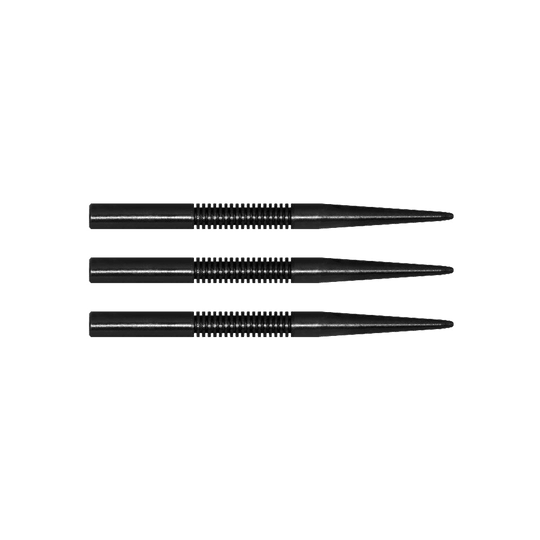 MCD15_McDart_Black_Ghost_Steeldartspitzen_32mm_1 Das Bild zeigt drei schwarze Steeldartspitzen der Marke McDart Black Ghost. Die Spitzen sind gerade und haben eine gerillte Oberfläche für besseren Halt.