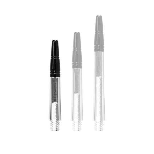 Harrow's Alamo VS2 Shafts - Clear Auf dem Bild sind drei unterschiedlich lange, transparente und schwarze Dartschäfte abgebildet. Sie stehen nebeneinander auf weißem Hintergrund.